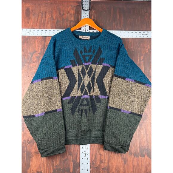 Jantzen Crewneck Sweater Pullover Vintage Green Brown Men Large 80s 90s USA Made - Picture 1 of 6